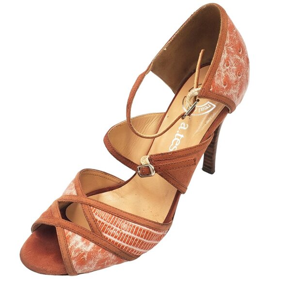 Italy A.Testoni Women's Size 6.5 Salmon pink lizard ostrich Open Toe Heels shoes - Picture 6 of 12